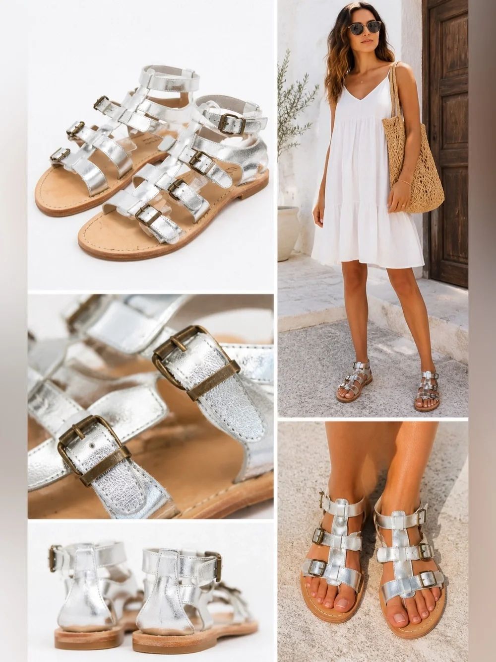H By Hudson London Silver leather strappy buckle gladiator sandals -40/US 9